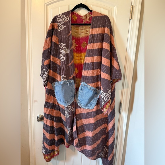 Jackets & Blazers - Kantha Striped Kimono with Denim Pockets